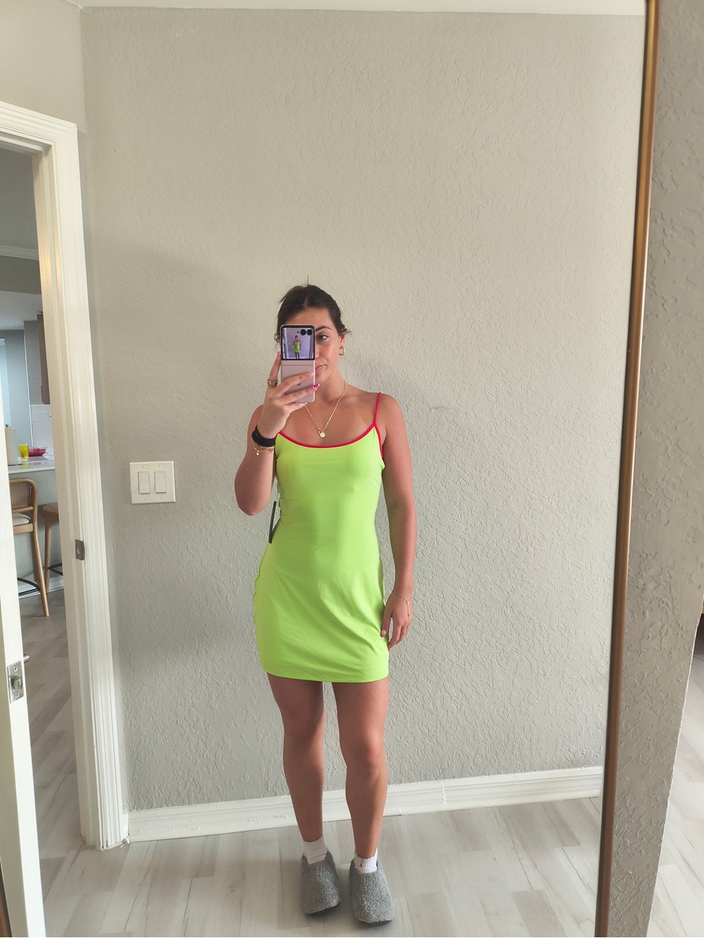 White Fox Boutique Neon Lime Mini Dress with Red Trim